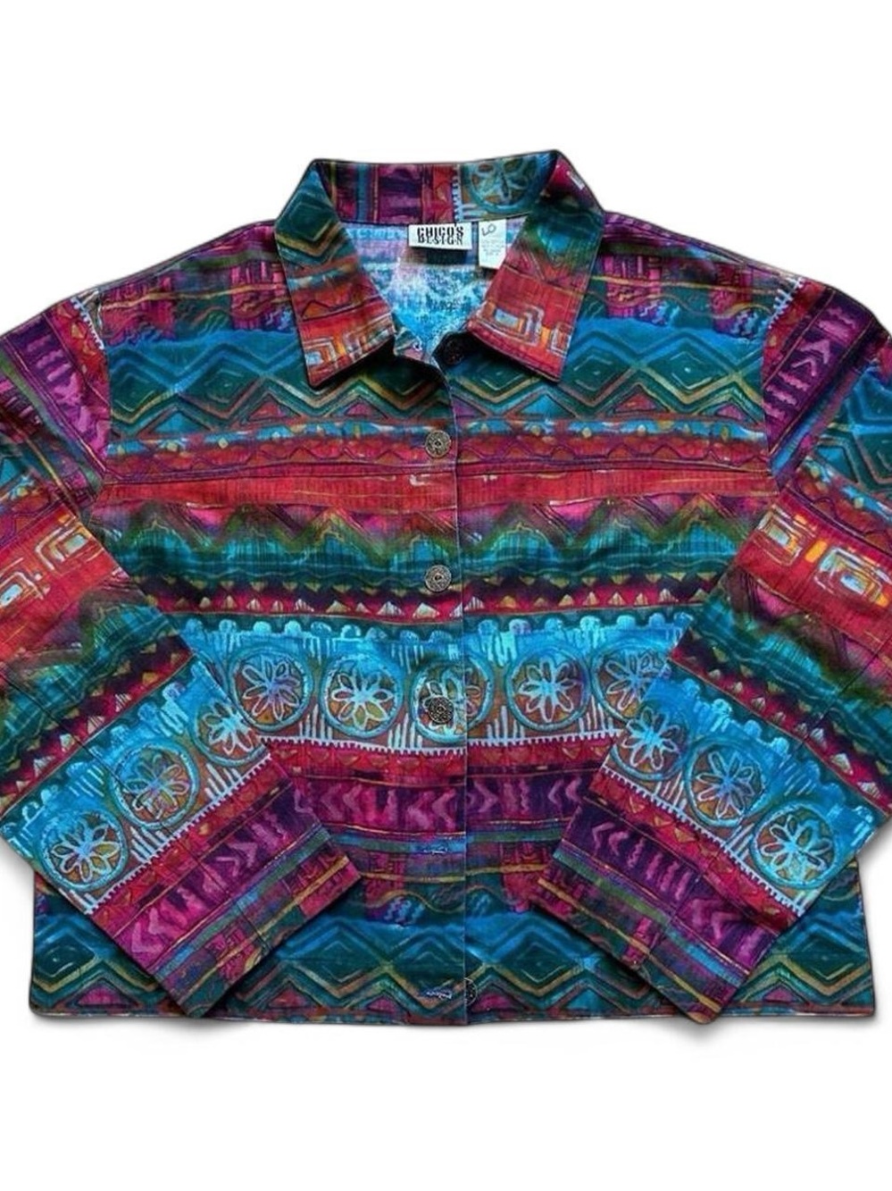 Chico's Multicolor Patterned Button-Up Shirt Jacket - Turquoise & Magenta size 3